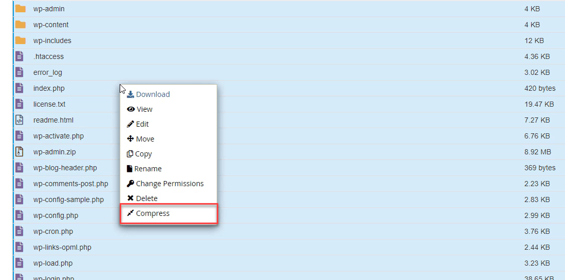 compressing website files using file manager