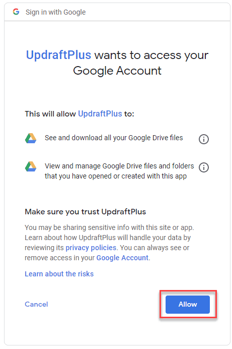 allow permissions to updraftplus with google drive