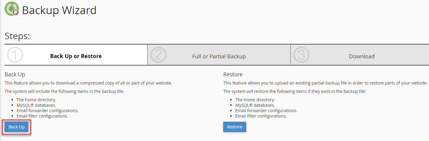 cPanel backup wizard step