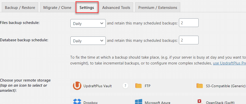 updraftplus settings