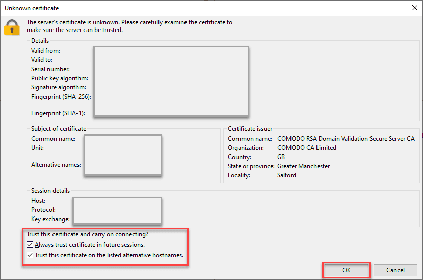 FTP client trust certificate