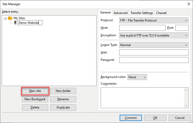 adding new site in filezile FTP client
