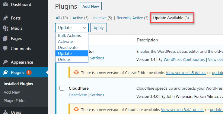 plugins pages bulk action