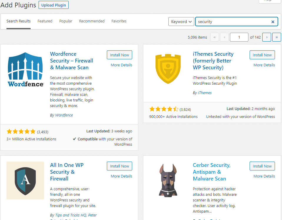 WordPress plugin search results